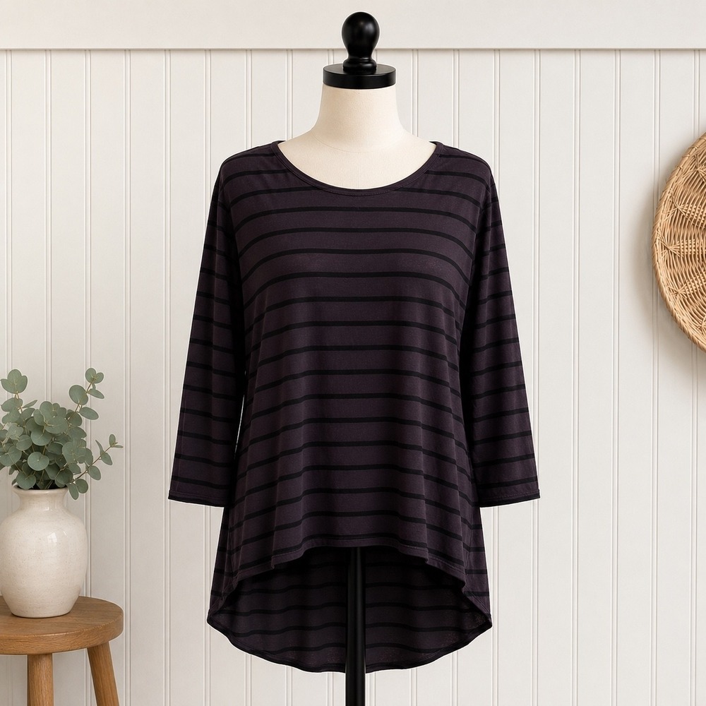 Michael Stars Striped Tunic Womens OS Gray Black Grunge Hi-Low 3/4 Sleeve 2949